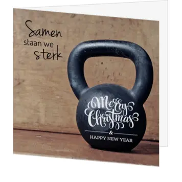Kerstkaart met kettlebell en krachtige kerstgroet