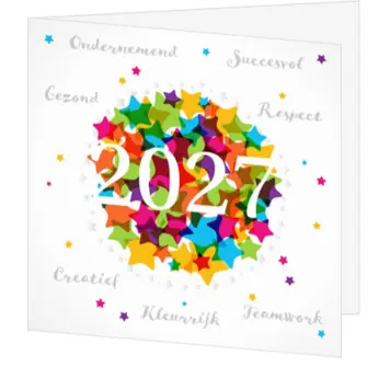 kerstkaart met kleurrijke sterren en 2027