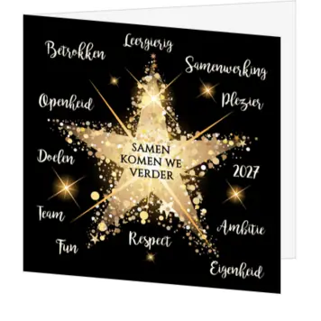 kerstkaart met gouden ster en kernwaarden