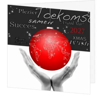 kerstkaart met rode kerstbal, wereldkaart en 2027