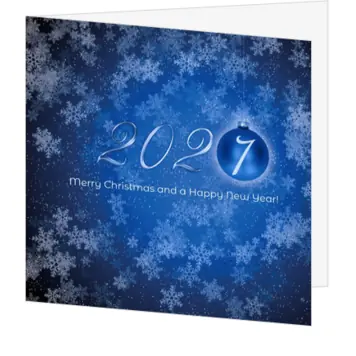 kerstkaart met ijskristallen en blauwe kerstbal 2021