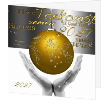 Kerstkaart met gouden wereldbol en jaartal 2027
