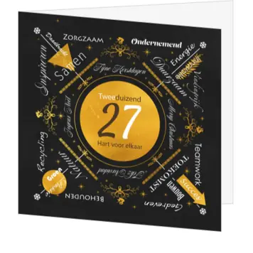 kerstkaart met typografie in zwart en goud 2027
