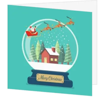Kerstkaart met sneeuwbol, kerstman en winterhuisje