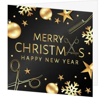 kerstkaart in zwart en goud met kerstballen