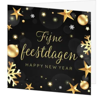 Kerstkaart met gouden kerstballen op zwarte achtergrond