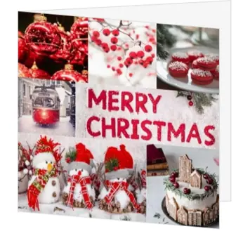 kerstkaart met Merry Christmas in rood en wit