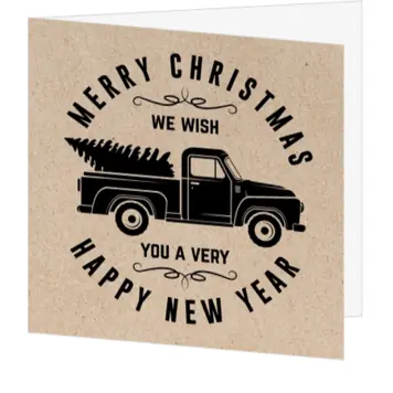 kerstkaart met vintage pick-up en kerstboom