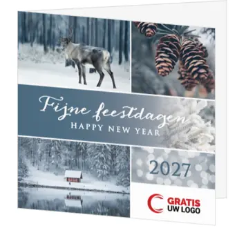 Kerstkaart met winterse natuurfoto’s en rendier