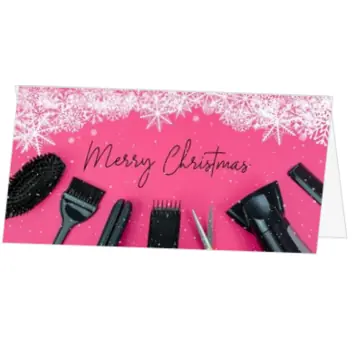 Roze kerstkaart met kappersproducten en sneeuw