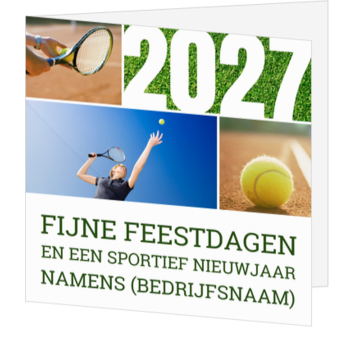 Kerstkaart met tennisfoto’s en jaartal 2027