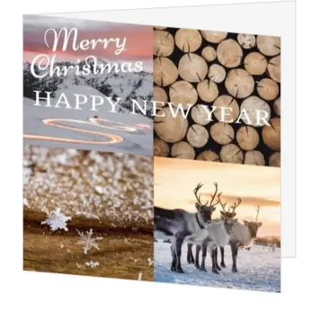 Kerstkaart met winterlandschap, hout en rendieren