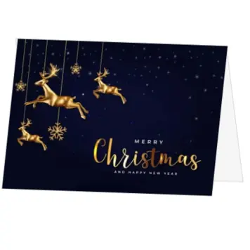 Kerstkaart met gouden rendieren en sneeuwvlokken
