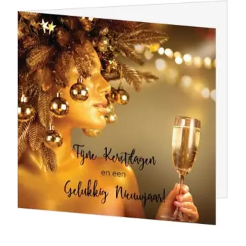 kerstkaart met gouden vrouw en kerstballen