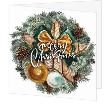 Kerstkaart met nostalgische kerstkrans en houten ster