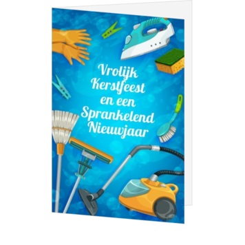 Blauwe kerstkaart met schoonmaakthema