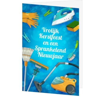 Blauwe kerstkaart met schoonmaakthema