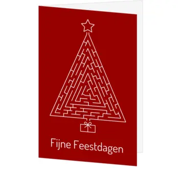 kerstkaart met witte kerstboom als puzzel op rood