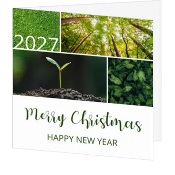 kerstkaart met groene natuurfoto’s en jaartal 2027