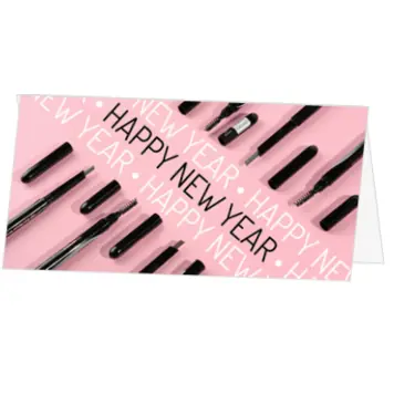 kerstkaart in roze met make-up en Happy New Year