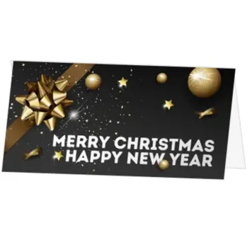 kerstkaart met gouden strik en kerstballen