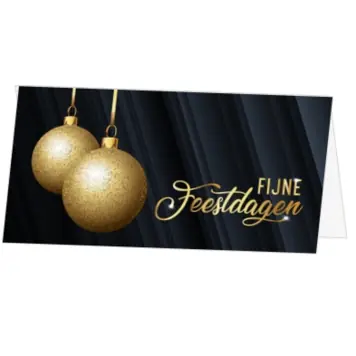 kerstkaart met gouden kerstballen op donkerblauw