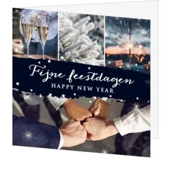 kerstkaart met champagne, sneeuwtakken en teamwork