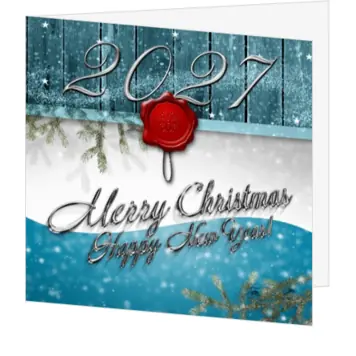 Kerstkaart 2027 met blauw hout en rood zegel
