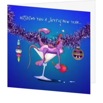 Humoristische kerstkaart met zatte muis in champagneglas