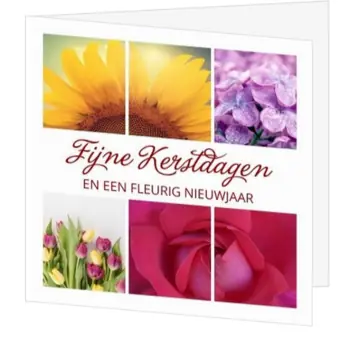 Kerstkaart met bloemenfoto’s en kleurrijke collage