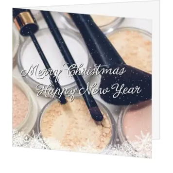 kerstkaart met make-up en witte sneeuwkristallen