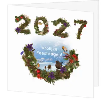 kerstkaart met jaartal 2027 van mos en takjes