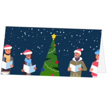 Kerstkaart met zingende mensen bij kerstboom