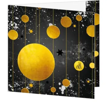 kerstkaart met gouden kerstballen op zwarte achtergrond