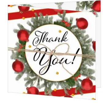 Kerstkaart met Thank You en rode kerstballen