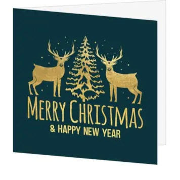 kerstkaart met goudkleurige rendieren en kerstboom