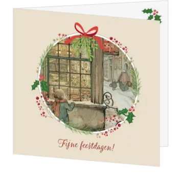 kerstkaart van Anton Pieck met kerstetalage en mistletoe