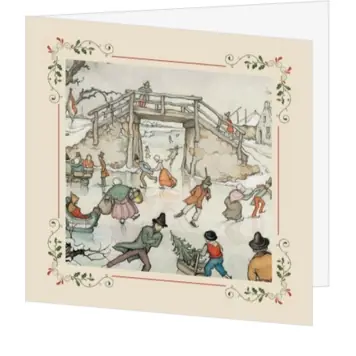 kerstkaart Anton Pieck met ijspret onder houten brug