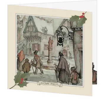 kerstkaart Anton Pieck met straattafereel en fontein