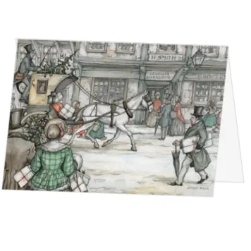 kerstkaart van Anton Pieck met postkoets in besneeuwde winkelstraat