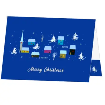 kerstkaart met vrolijk winterdorp op blauwe achtergrond