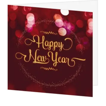 kerstkaart met bordeaux bokeh en gouden Happy New Year