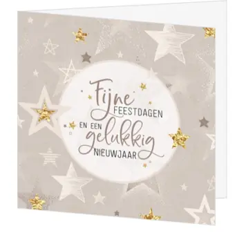 Kerstkaart met gouden glitter sterren op beige achtergrond