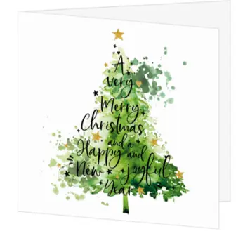 kerstkaart met aquarel kerstboom en gouden sterren
