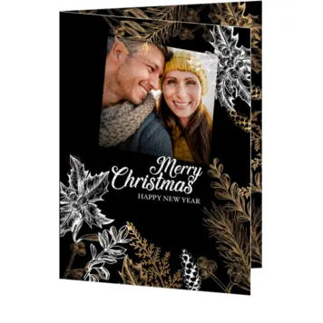 kerstkaart met foto en goudlook bloemen op zwarte achtergrond