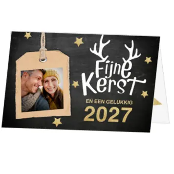 kerstkaart met foto, gewei en krijtbordlook 2027