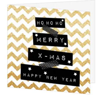 Grafische kerstkaart met gouden chevron en labeltekst