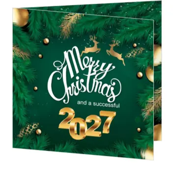 Kerstkaart met gouden elementen, dennengroen en 2027