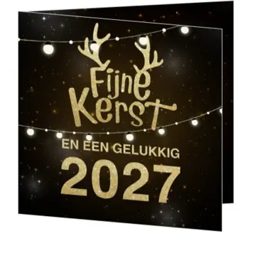 kerstkaart met gewei, lampjes en gouden 2027
