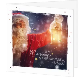 kerstkaart met kerstman en lantaarn